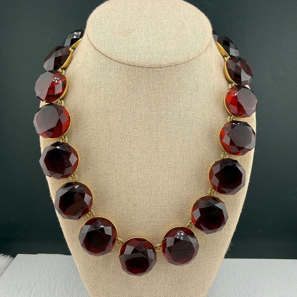 J.CREW Necklace Red Gold Tone Rhinestone Brulee Statement 19"